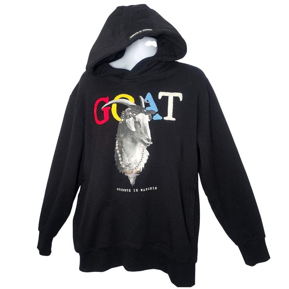 Streetz Iz Watchin GOAT Hoodie Mens 2XL Black Chenille Graphic Streetwear Urban